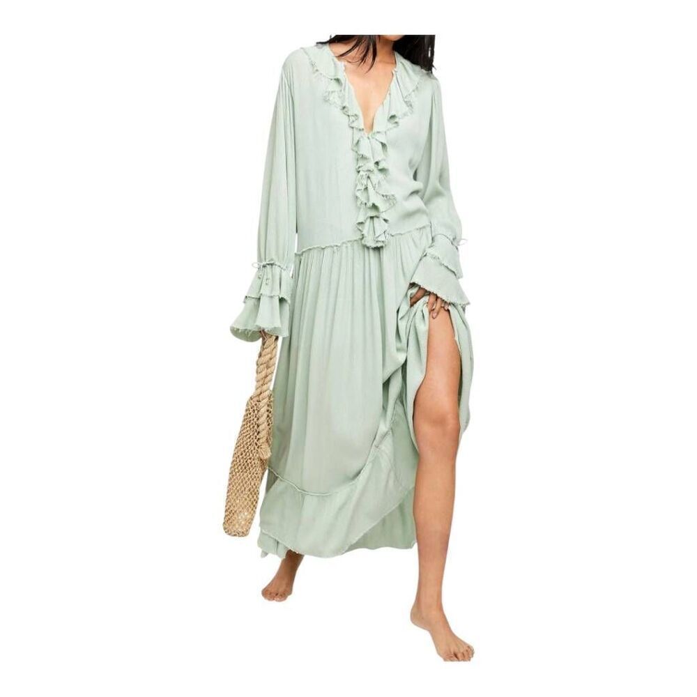 Free people Sweet Darlin Maxi Dress minted jade oversized small ruffle revolve